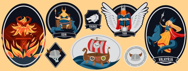 Viking history, warrior symbol, barbarian shield, scandinavian medieval badge, design, cartoon style vector illustration.