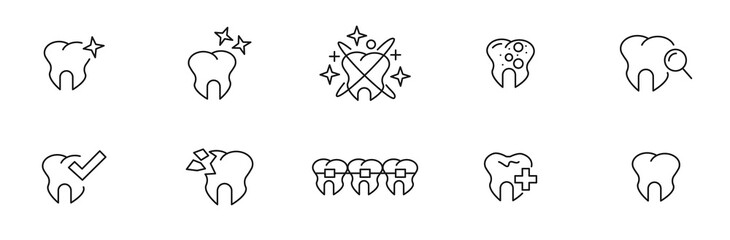Set of teeth icons. Dental care, prevention check up, stomatology services, dental, toothache, braces, oral clean, linear design. Vector illustration. EPS 10