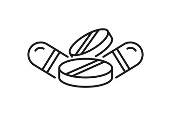 Simple medical drug in thin line style. Pill icon for web site design and mobile apps. Medicine icon, pharmacy, drug store, capsule. Vector illustration