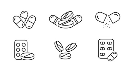 Simple set of medical drugs in thin line style. Pills icons for web site design and mobile apps. Set of medicine icons, pharmacy, drug store, capsule. Vector illustration