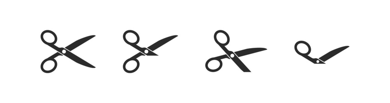 Set of cutting scissors with cut lines for cutting paper in flat style. Cut out sign, symbol, icon. Cut out place. Paper cut black card. Discount coupon. Black shape silhouette sign.