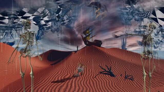 Surreal desert with chessboard and figures. Ancient ship in the sky