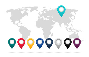 World map with colored markers. Collection of map pointers with world map. Map with pointer labels of continents and countries. Vector illustration. EPS 10