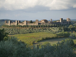 Fototapeta na wymiar Panorama of Monteriggioni Castle with circular perimeter walls with 14 towers lying on the top of a hill surrounded by the countryside and olive groves