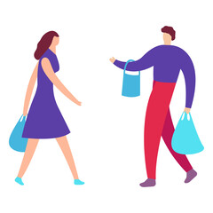 Fototapeta na wymiar Young couple guy and girl have fun running in supermarket with shopping bags. Happy man and woman in store with purchases. Holiday sales shop retail consumer concept vector isolated illustration