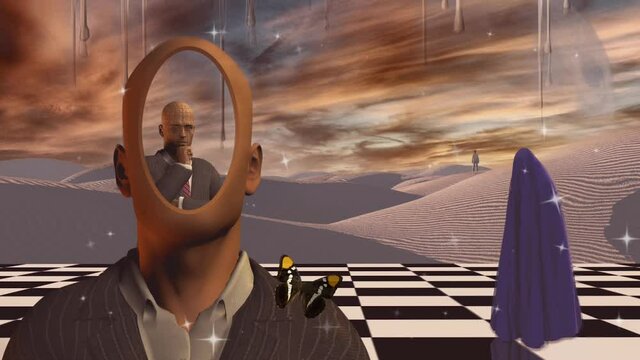 Surrealism. Faceless businessman with another thinking businessman behind him stands on chessboard. Lonely man in a distance. White sand dune. Figure covered by purple clothes
