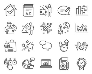 Education icons set. Included icon as Documentation, Online statistics, Chemistry dna signs. Safe time, Vocabulary, Message symbols. Certificate, Investment, Time management. Chat message. Vector