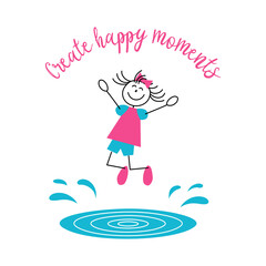 Drawing for T-shirt girl jumping through puddles in pink blue dress fun