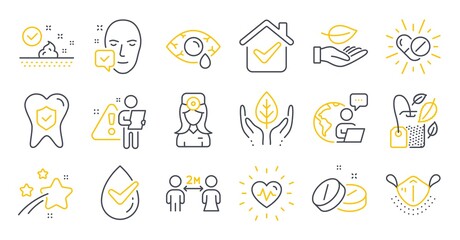 Set of Healthcare icons, such as Medical mask, Heartbeat, Medical tablet symbols. Fair trade, Conjunctivitis eye, Face accepted signs. Oculist doctor, Leaf, Social distancing. Mint bag. Vector