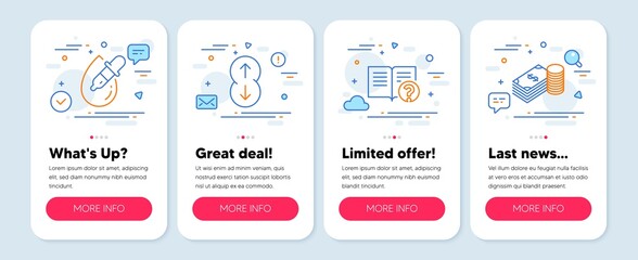 Set of Business icons, such as Eye drops, Help, Scroll down symbols. Mobile screen banners. Savings line icons. Pipette, Documentation, Swipe arrow. Finance currency. Eye drops icons. Vector