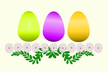 Colored illustration of eggs, herbs, flowers for postcard decoration, for printing on fabric and paper for the Easter holiday