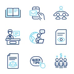 Education icons set. Included icon as Quick tips, Exhibitors, View document signs. Interview job, Education, Messenger mail symbols. Legal documents, Meeting line icons. Line icons set. Vector