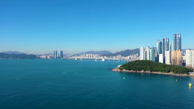 "BUSAN, KOREA, OCTOBER 30, 2019: Aerial view of Dongbaek park and Haeundae Beach in republic of Korea"