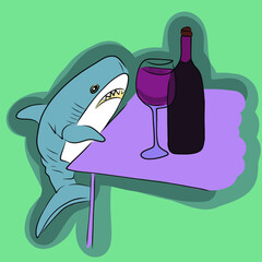 The shark sits at the table and drinks wine