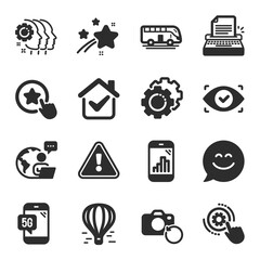 Set of Technology icons, such as Smile chat, 5g phone, Settings gears symbols. Typewriter, Cogwheel settings, Air balloon signs. Employees teamwork, Biometric eye, Graph phone. Bus tour. Vector