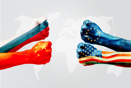 Flags of usa or United States of America and European Union or EU VS China and  Russia on hands punch to each others on world map background