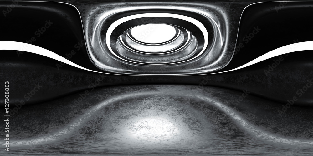 Poster 360 panorama spherical view of dark black fururistic circular building with open ceiling 3d render i