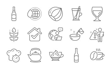 Espresso cream, Wine glass and Cooking water line icons set. Hazelnut, Teapot and Beer signs. Coffee cup, Beer bottle and World water symbols. Gluten free, Tea mug and Cooking timer. Vector