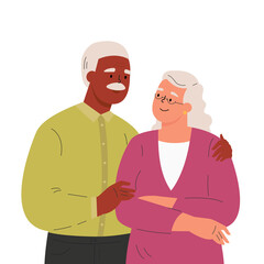 Happy elder man hugging his wife feeling love to each other. Portrait of old couple man and woman. Friendly family relationship. Cartoon vector flat illustration on white background. 