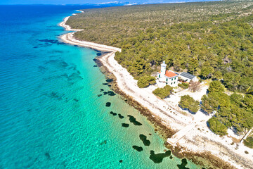 Island of Vir archipelago lighthouse and beach aerial panoramic view