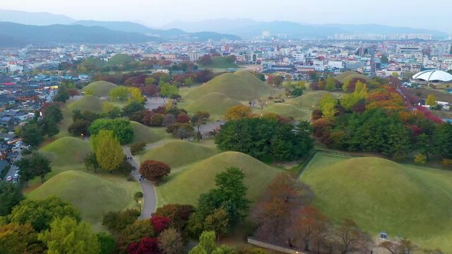 "GYEONGJU, KOREA,NOVEMBER 1, 2019: Sunset aerial view of burial tombs in center of Gyeongju, Republic of Korea"