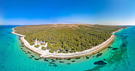 Island of Vir archipelago lighthouse and beach aerial panoramic view