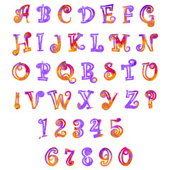 Raster set: capital letters of the Latin alphabet, exclamation, question marks and numbers: 1, 2, 3, 4, 5, 6, 7, 8, 9, 0. Multicolored isolated elements with watercolor fill on a white background.