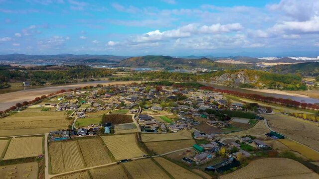 "Aerial view of Hahoe Folk Village in Republic of Korea"