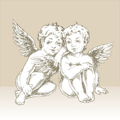 Two beautiful angels, an engraving in the Baroque style.