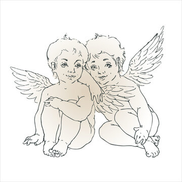 Two beautiful angels, an engraving in the Baroque style.