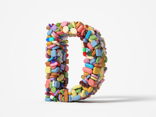 different pills stack in shape of letter D. suitable for medicine, healthcare and science themes. 3D illustration, isolated on white background