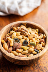Mix of salted nuts in bowl.