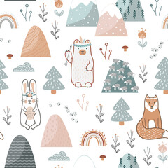 Seamless pattern with cute forest animals, flowers, and trees. Childish print for nursery background in a Scandinavian style for baby clothes or interior. Vector cartoon illustration in pastel colors