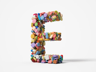 different pills stack in shape of letter E. suitable for medicine, healthcare and science themes. 3D illustration, isolated on white background