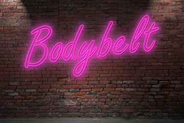 Neon Bondage Bodybelt lettering on Brick Wall at night