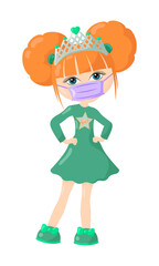 Funny cute little girl Polina with crown, orange hair, green dress and protective medical face mask. Colored isolated vector illustration in flat design with shadows	