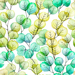 watercolor seamless pattern with eucalyptus leaves. transparent colored eucalyptus leaves of blue, green, yellow color. modern print botanical illusion, tropical plants