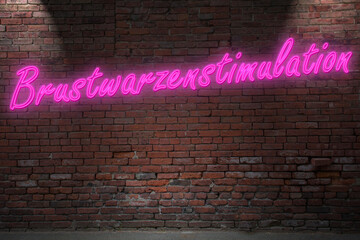 Neon Breast stimulation (in german Brustwarzenstimulation) lettering on Brick Wall at night