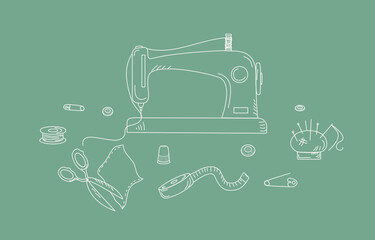 Doodle style sewing supplies and  sewing machine with text. Handmade. Vector graphics with isolated background.