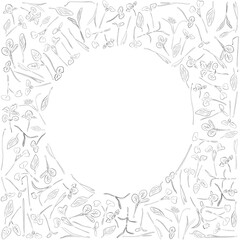 Vector sketch round frame with microgreen. Herbs - pea, sunflower, onion, corn, basil, china rose, spinach, fennel, sorrel, collard, dill, salad burnet, kohlabi, barley, tatsoi on a white background.