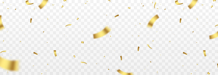 Vector confetti png. Gold confetti falls from the sky. Glittering confetti on a transparent background. Holiday, birthday. - obrazy, fototapety, plakaty