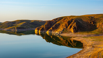 Kurty river and lake early spring view