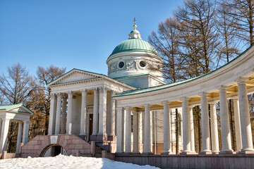 Moscow, Russia - 03.29.2021: Archangelskoe park. St. Nicholas orthodox church of 19th century