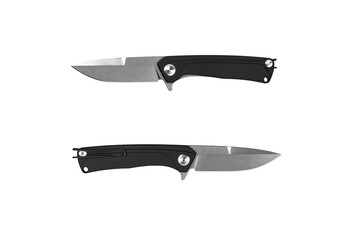 Black pocket folding knife isolate on white back. Compact metal sharp knife with a folding blade.