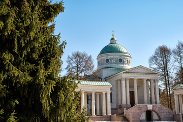 Moscow, Russia - 03.29.2021: Archangelskoe park. St. Nicholas orthodox church of 19th century