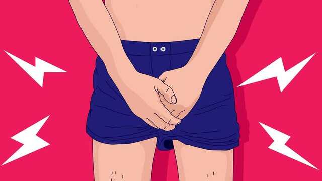 Genital pain - Man holding hand in front of private parts feeling discomfort from disease and inflammation. Venereal diseases, testicular problems and cancer concept. Vector animation