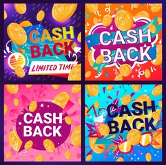 Cashback currency, cash offer return, sale discount, card back, finance promotion, design, cartoon style vector illustration.