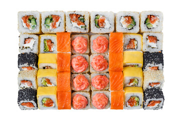 Big sushi set isolated on white background. Top view on traditional asian rolls with seafood. High quality bright food photo