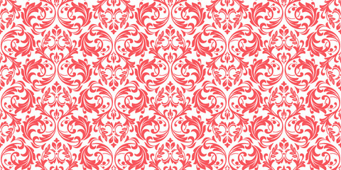 Wallpaper in the style of Baroque. Seamless vector background. White and pink floral ornament. Graphic pattern for fabric, wallpaper, packaging. Ornate Damask flower ornament