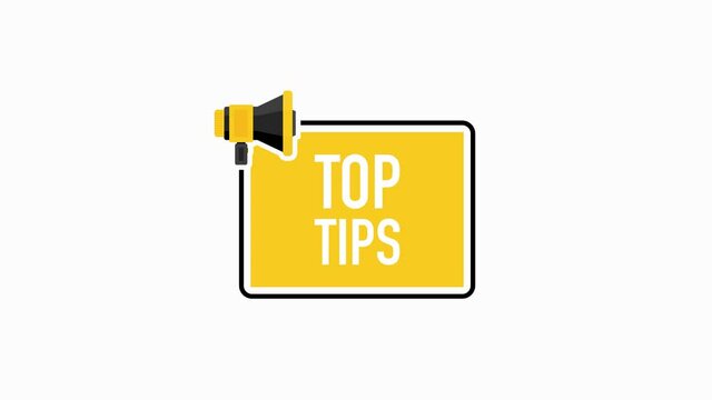 Megaphone geometric yellow banner with top tips speech bubble. Flat style. Motion graphic.